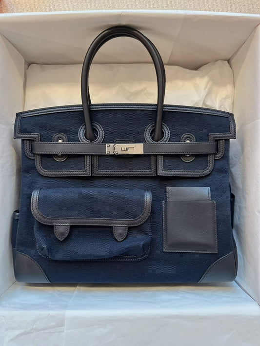 Hermes Birkin 35 Cargo Bleu Marine Swift & Black Toile Palladium hardware