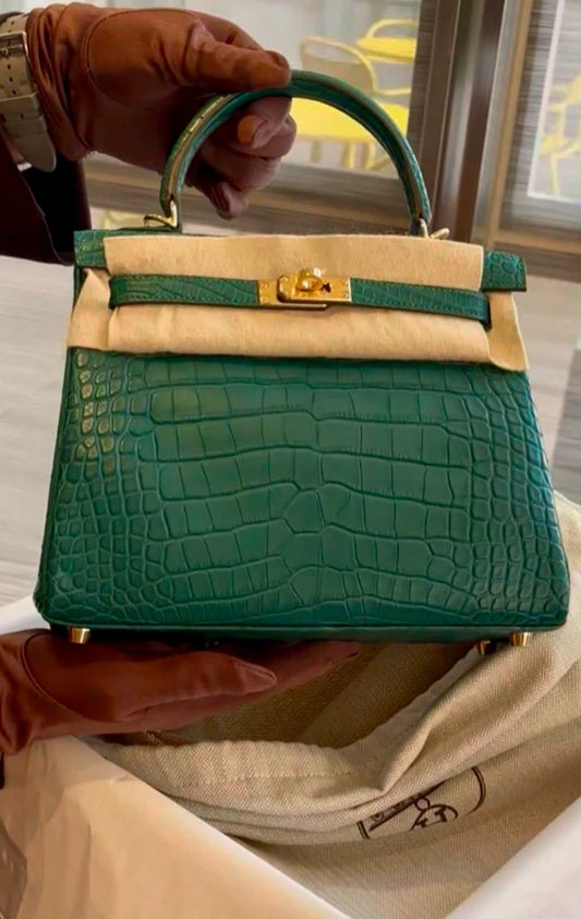 Hermes Kelly 25 Malachite Matte Alligator Gold hardware
