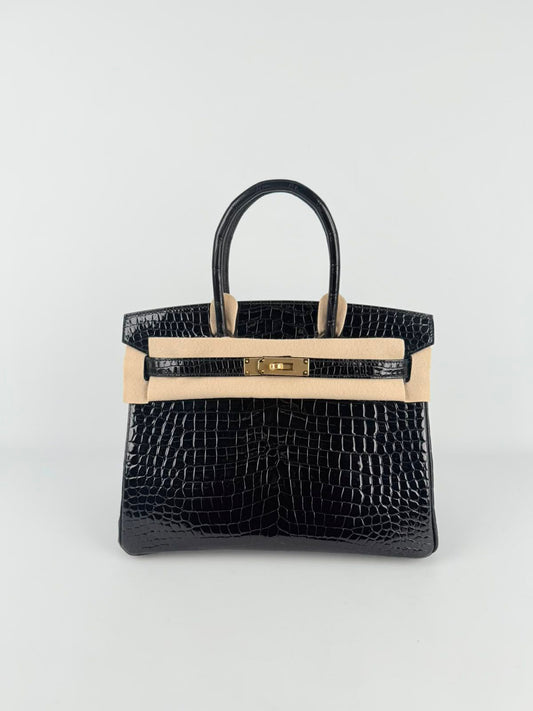 Hermes Birkin 30 Black Shiny Porosus Gold hardware