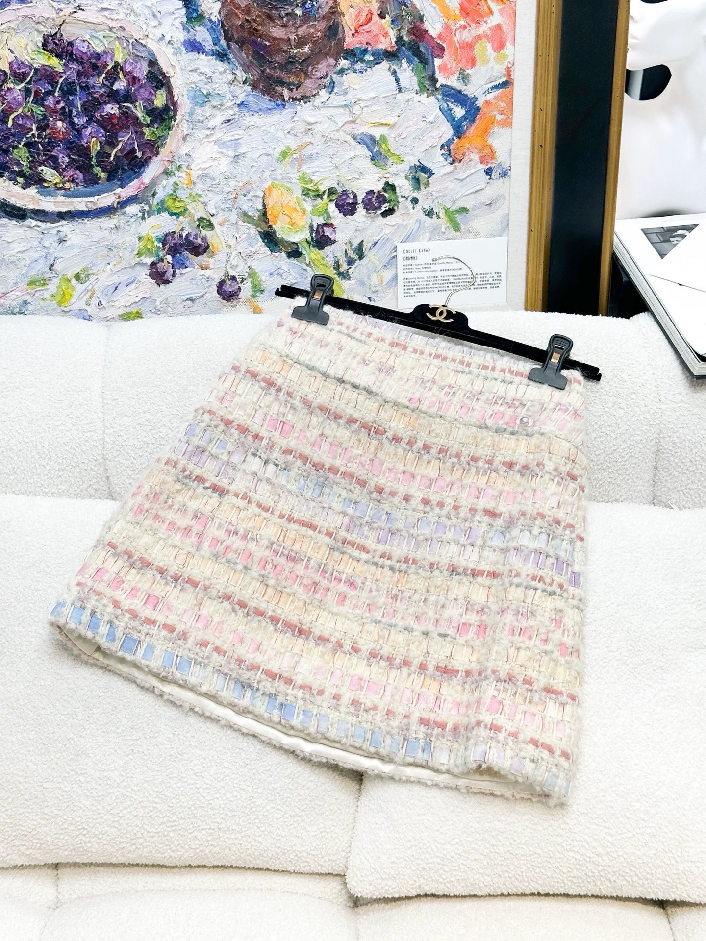 Chanel 17K mauve-pink mixed-color tweed jacket + skirt.