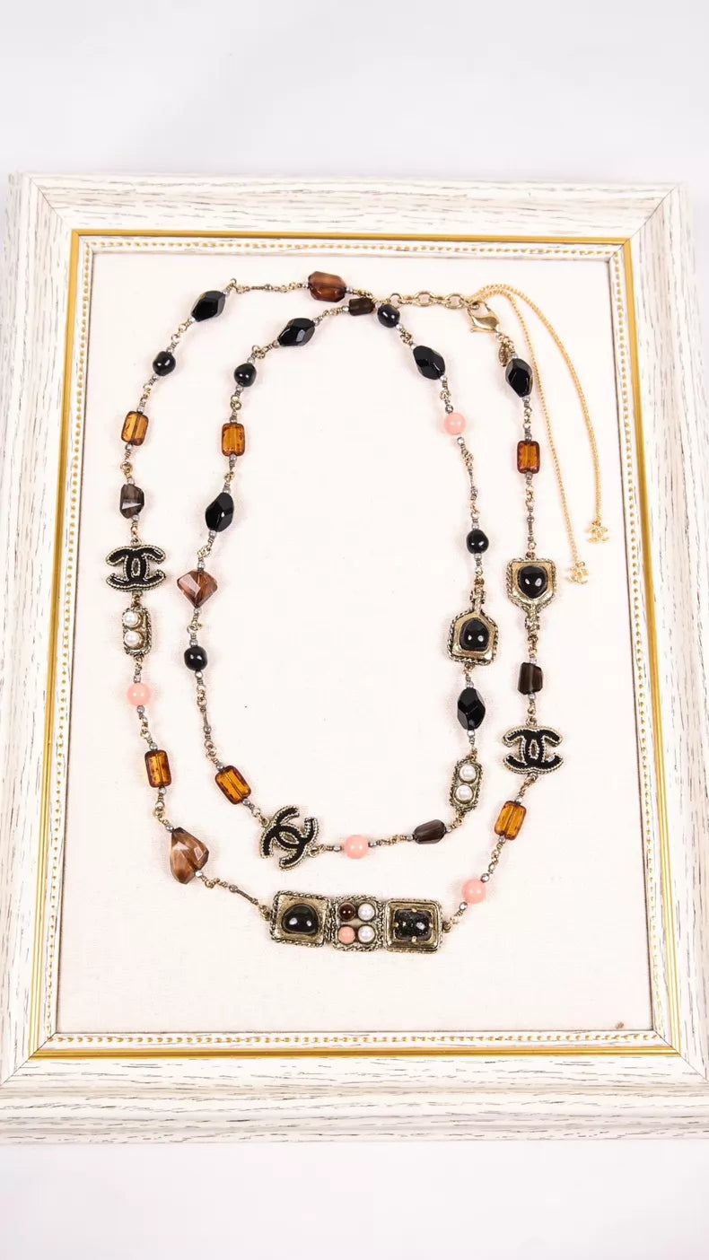 Chanel11 Brown Glass Pink Beaded Sweater Chain Long Necklace