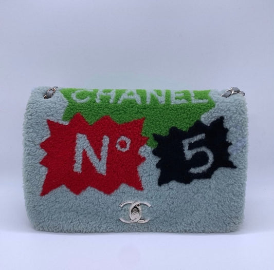 Chanel classic Jumbo limited edition N°5 light blue/green/red/black Shearling Palladium hardware