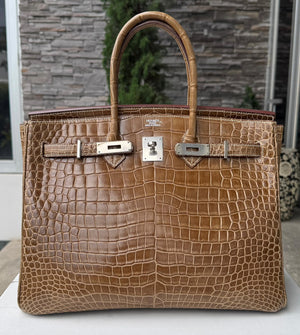 Hermes birkin 35 Ficelle Shiny Porosus Palladium hardware