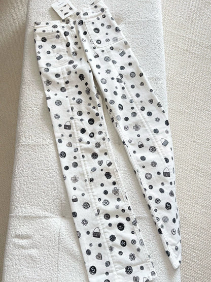 Chanel 25B White All-over Graffiti Straight Leg Pants