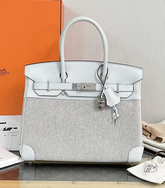 Hermes Birkin 30 Gris Platin Swift & Ecru Toile Palladium hardware