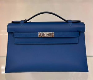 Hermès Kelly Pochette Bleu Tie Swift Palladium hardware