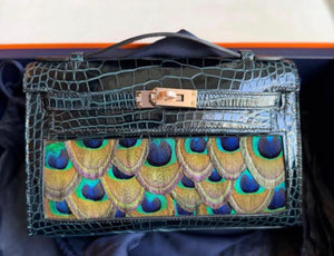 Hermes Kelly pochette Vert Rousseau Shiny Alligator & Peacock Feather Rose gold hardware