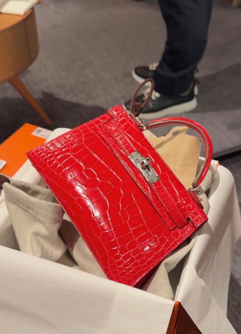 Hermes mini Kelly 20 Rouge de Coeur l Shiny Alligator Palladium hardware