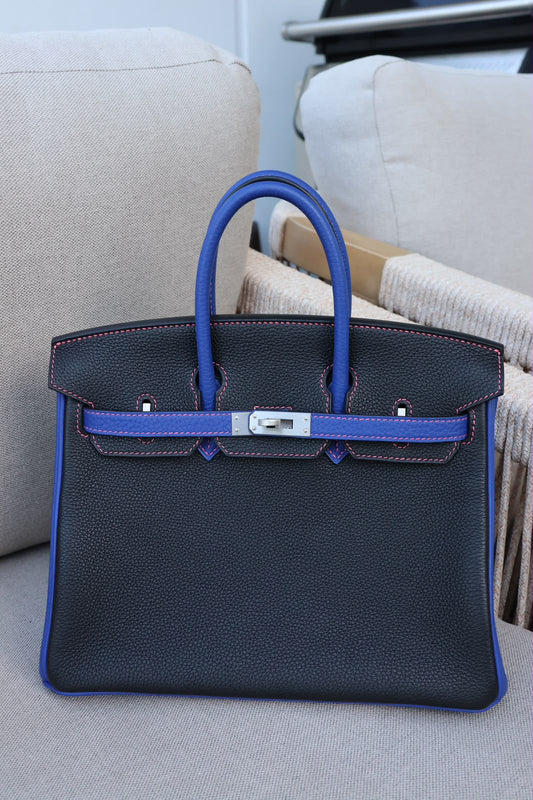 Black and blue Birkin handbag in grained leather with pink contrast stitching and palladium hardware