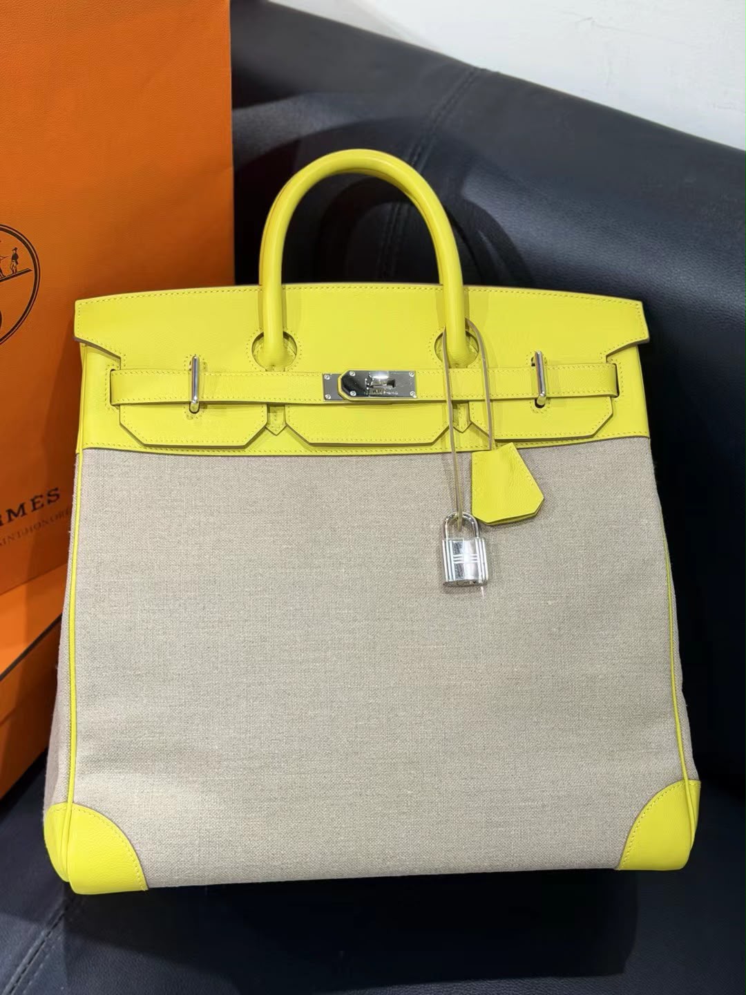 Hermes HAC 40 Lime Swift & Toile de Camp Palladium hardware