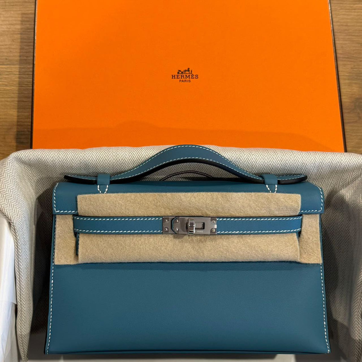 Hermes Kelly pochette Bleu Jean Switt Palladium hardware