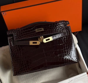 Hermes Kelly pochette Havane Shiny Alligator Gold hardware