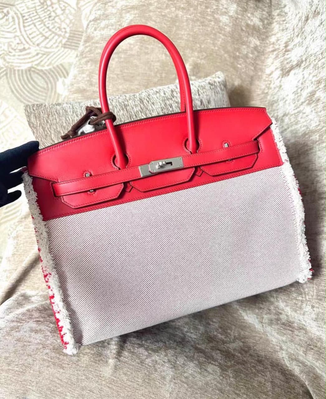 Hermes Birkin 35 Fray Framboise Swift & Ecru Toile Palladium hardware