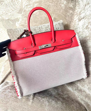 Hermes Birkin 35 Fray Framboise Swift & Ecru Toile Palladium hardware