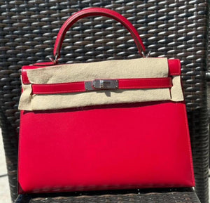 Hermes Kelly 32 Rouge Vif Tadelakt Palladium hardware