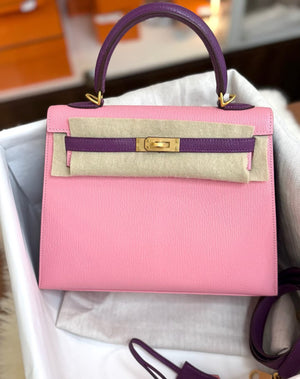 Hermes Kelly 25 Rose confetti / Anemone Chevre Brushed gold hardware
