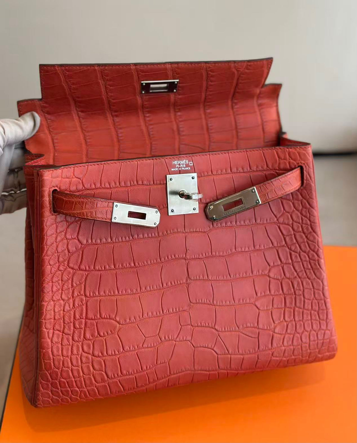 Hermes Kelly 28 sanguine matte alligator palladium hardware