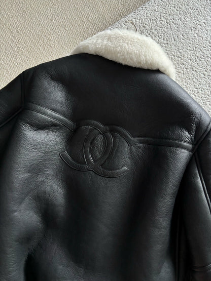 Chanel 26B Black Shearling Leather Jacket