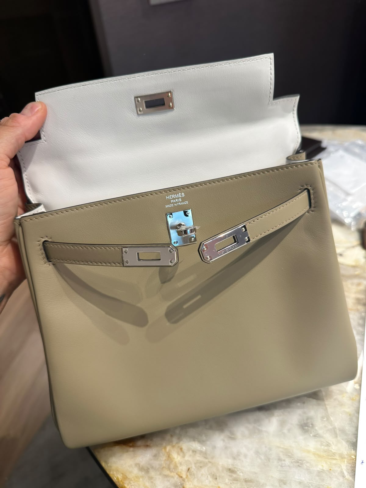 Hermes Kelly 25 HSS Beige Marfa / Gris Pale Swift Palladium hardware