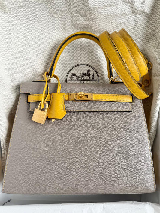 Hermes Kelly 25 HSS Gris Asphalt / Jaune Ambre Epsom Brushed gold hardware