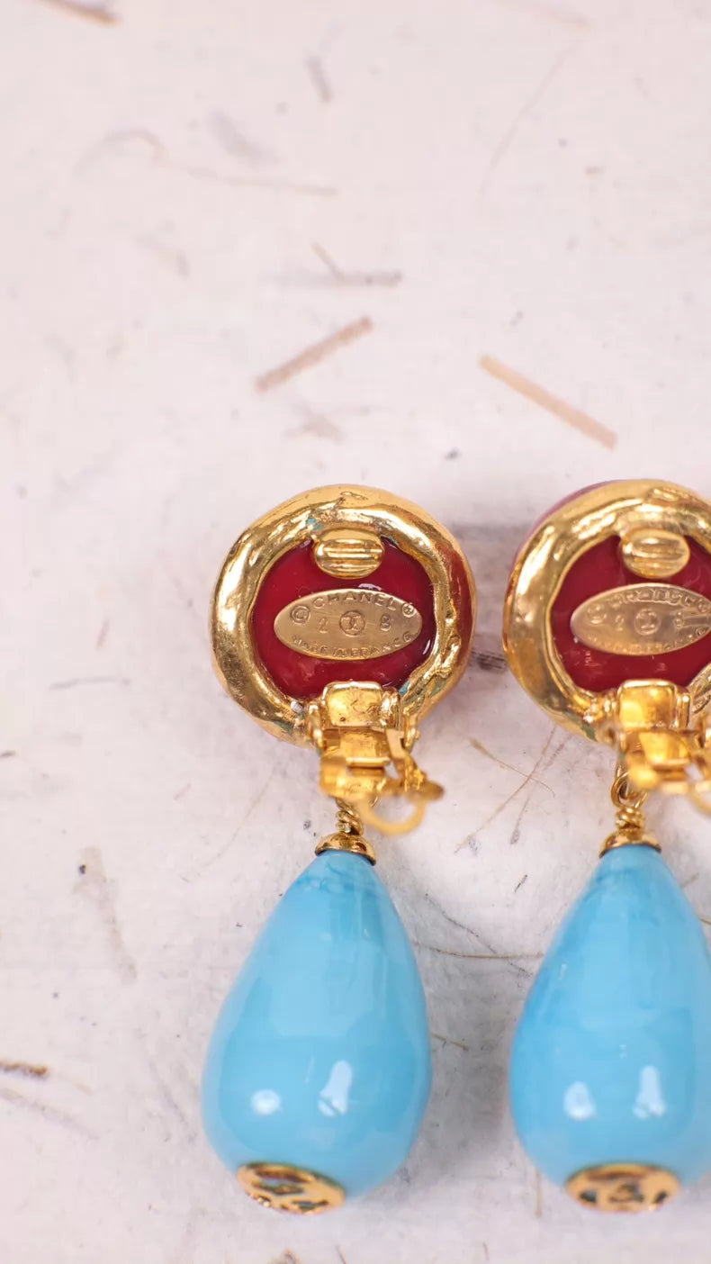 Chanel 93 Red and Blue Glazed Glass Teardrop Pendant Earrings