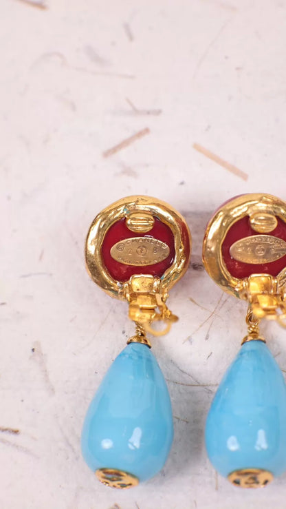 Chanel 93 Red and Blue Glazed Glass Teardrop Pendant Earrings