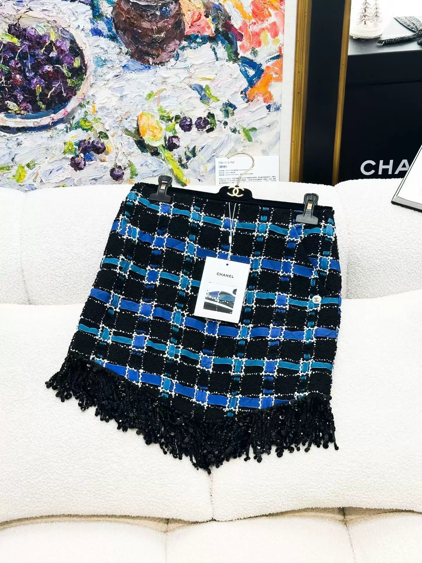 Chanel 22C black and blue tweed suit