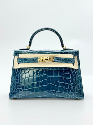 Hermes mini Kelly 20 blue colvert shiny alligator gold hardware