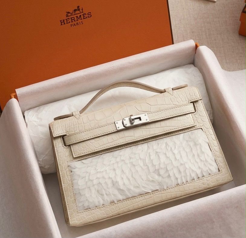 Hermes Kelly pochette Horizon Beton matte Alligator & White Feathers Palladium hardware