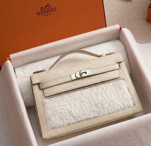 Hermes Kelly pochette Horizon Beton matte Alligator & White Feathers Palladium hardware