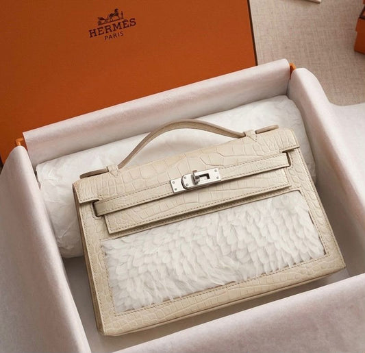 Hermes Kelly pochette Horizon Beton matte Alligator & White Feathers Palladium hardware