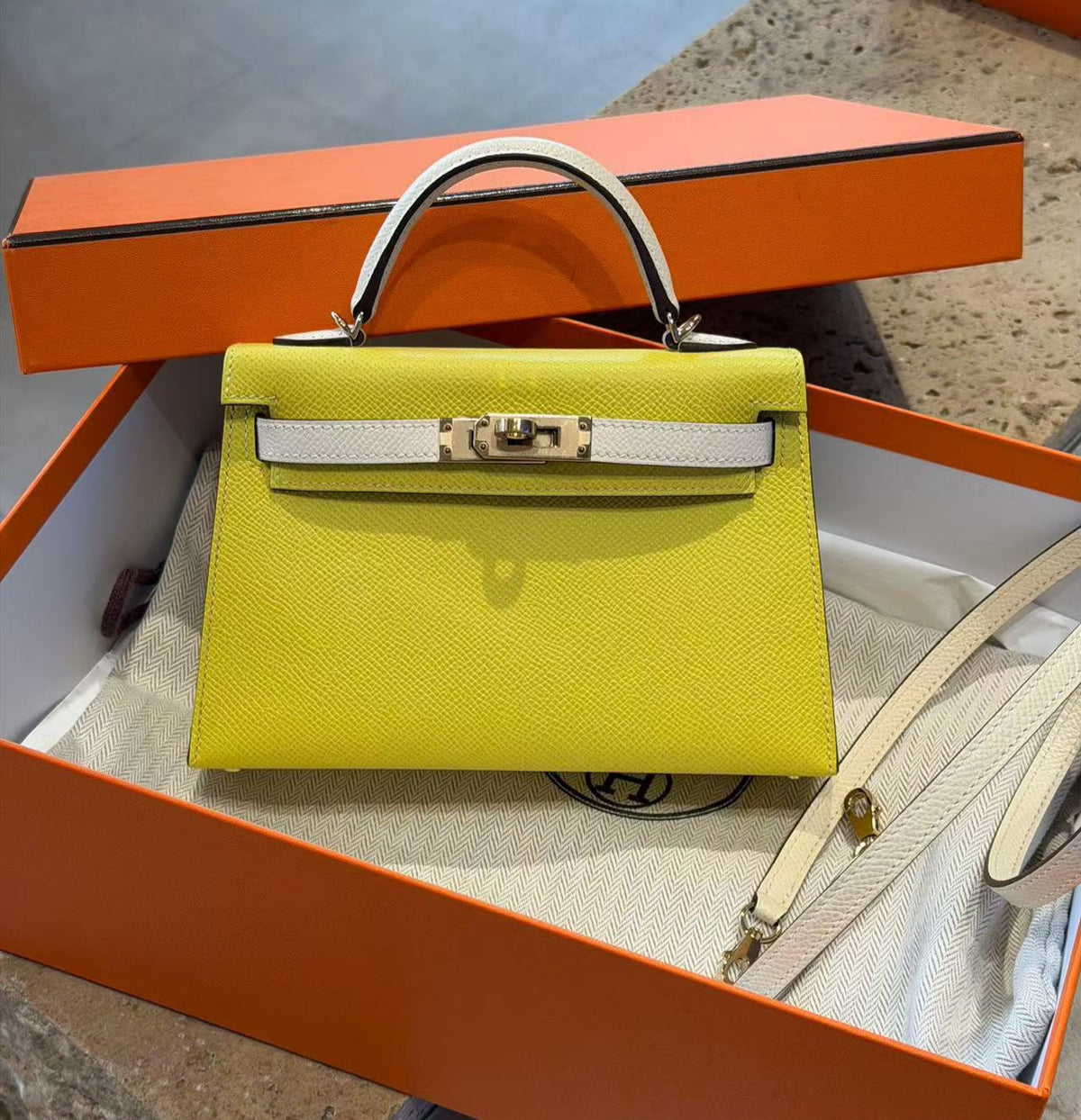 Hermes mini Kelly 20 HSS lime x nata epsom Permabrass hardware
