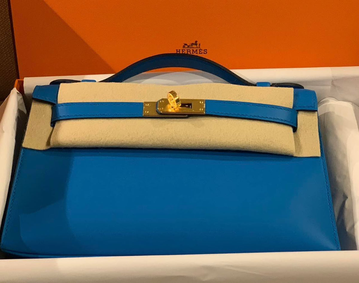 Hermes Kelly pochette Bleu Frida Swift Gold hardware