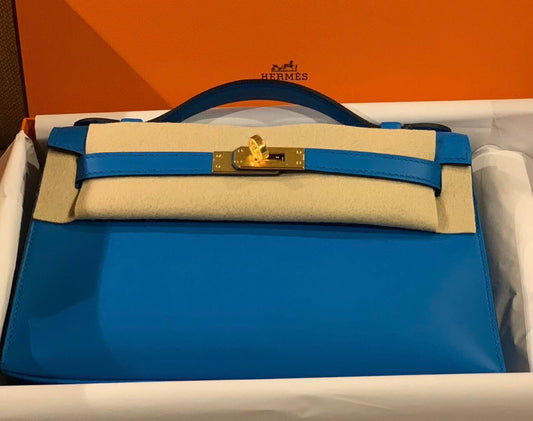 Hermes Kelly pochette Bleu Frida Swift Gold hardware