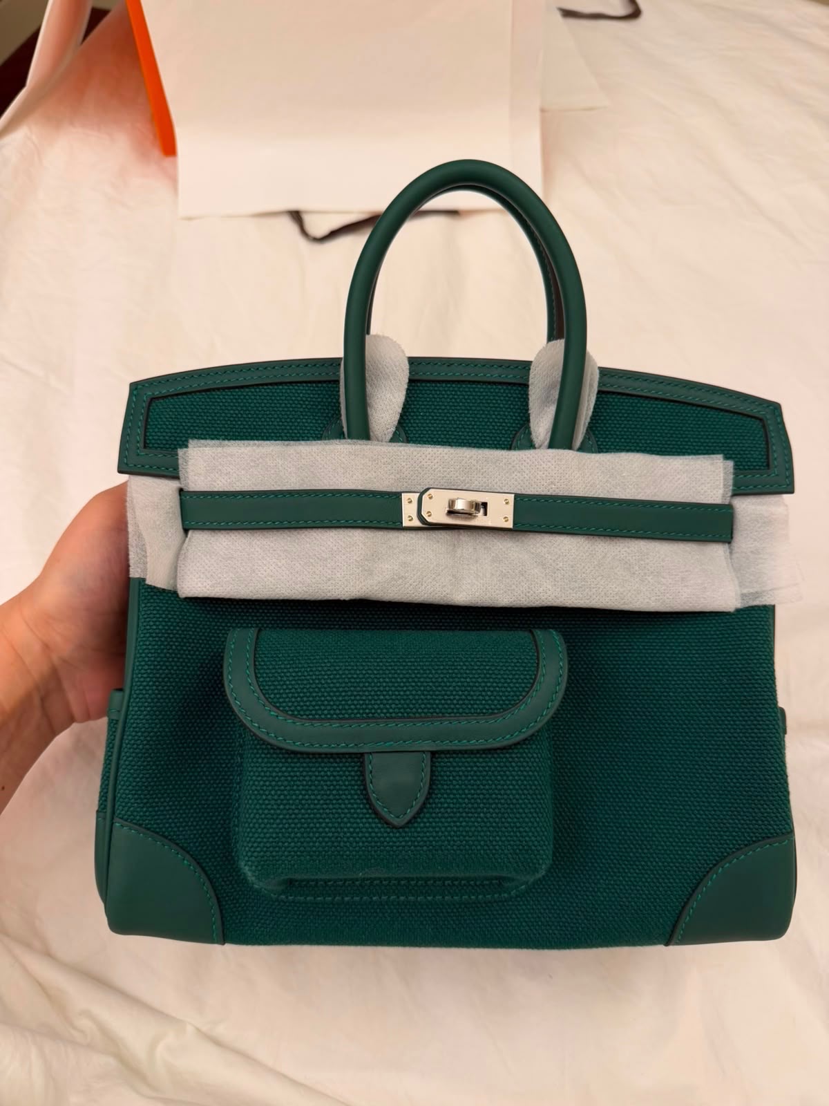 Hermes Birkin 25 Cargo Vert Moyen Swift & Toile Palladium hardware