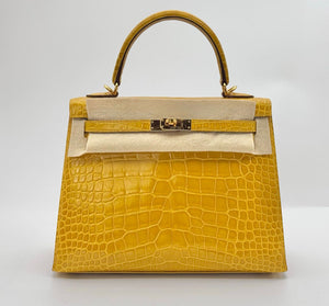 Hermes Kelly 25 Jaune Ambre shiny alligator gold hardware
