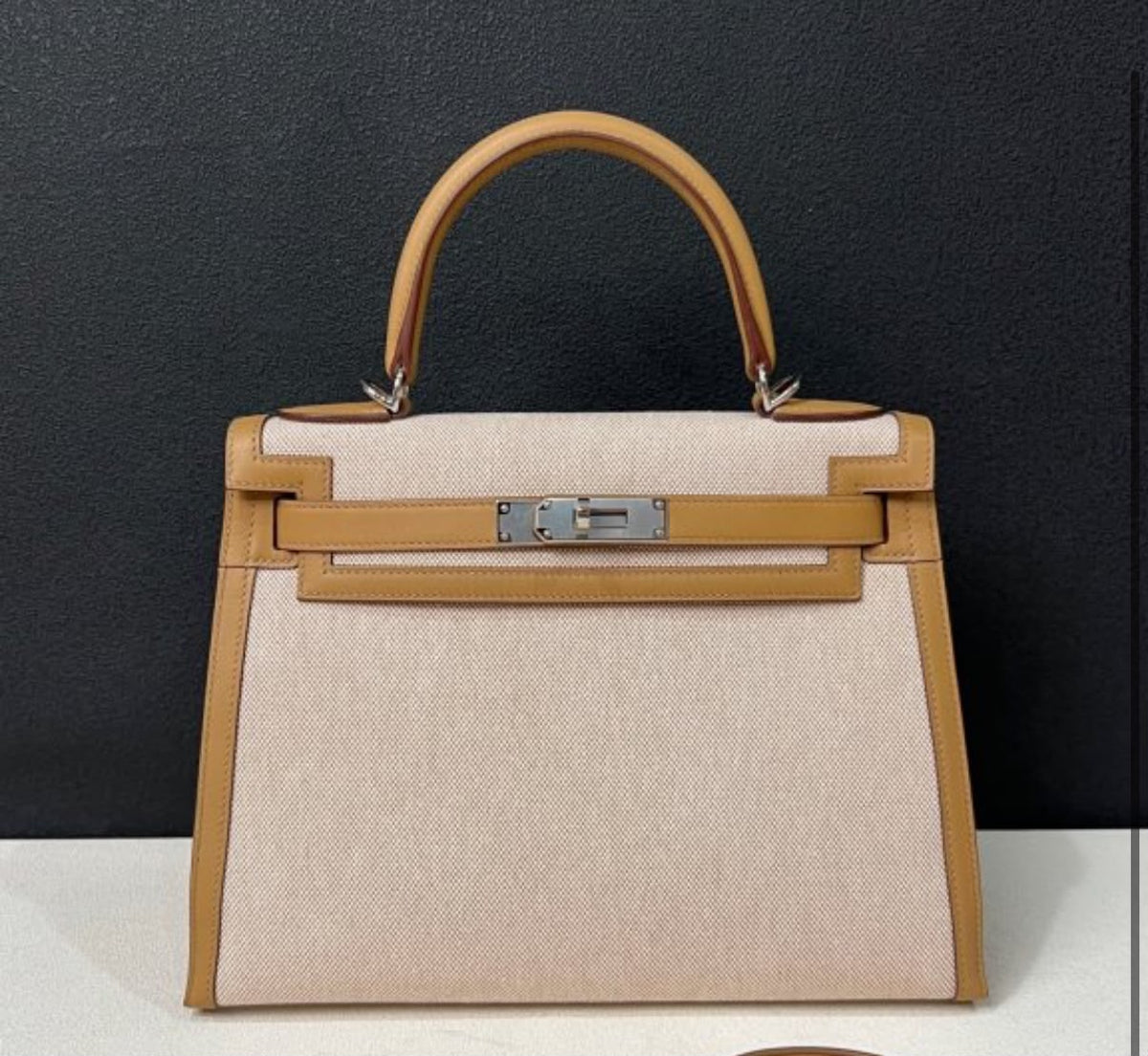 Hermes Kelly 28 toile biscuit palladium hardware