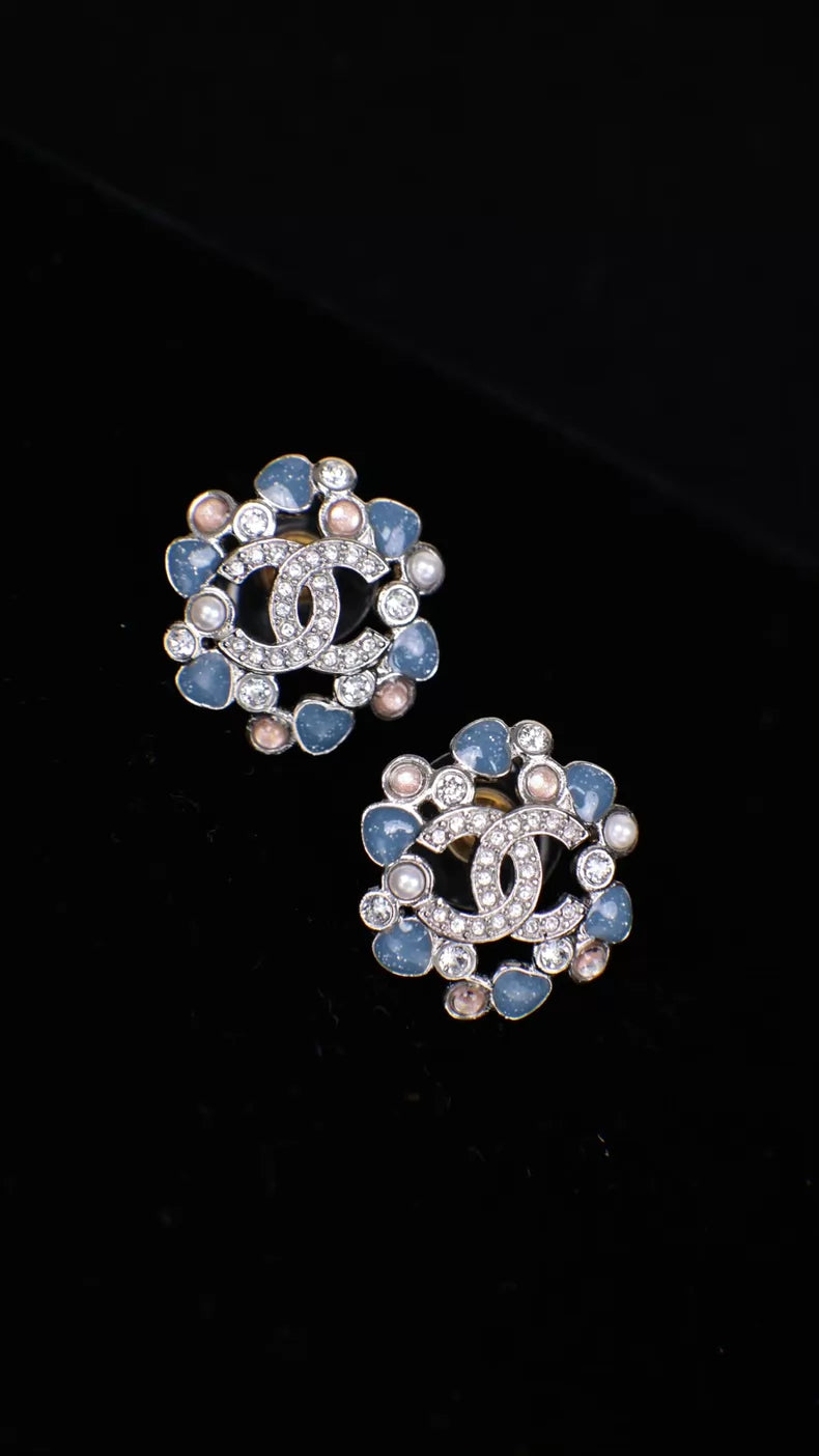 Chanel 25P Pink Blue Glass CC Flower Earrings