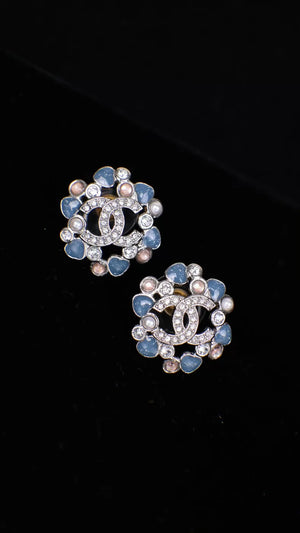 Chanel 25P Pink Blue Glass CC Flower Earrings