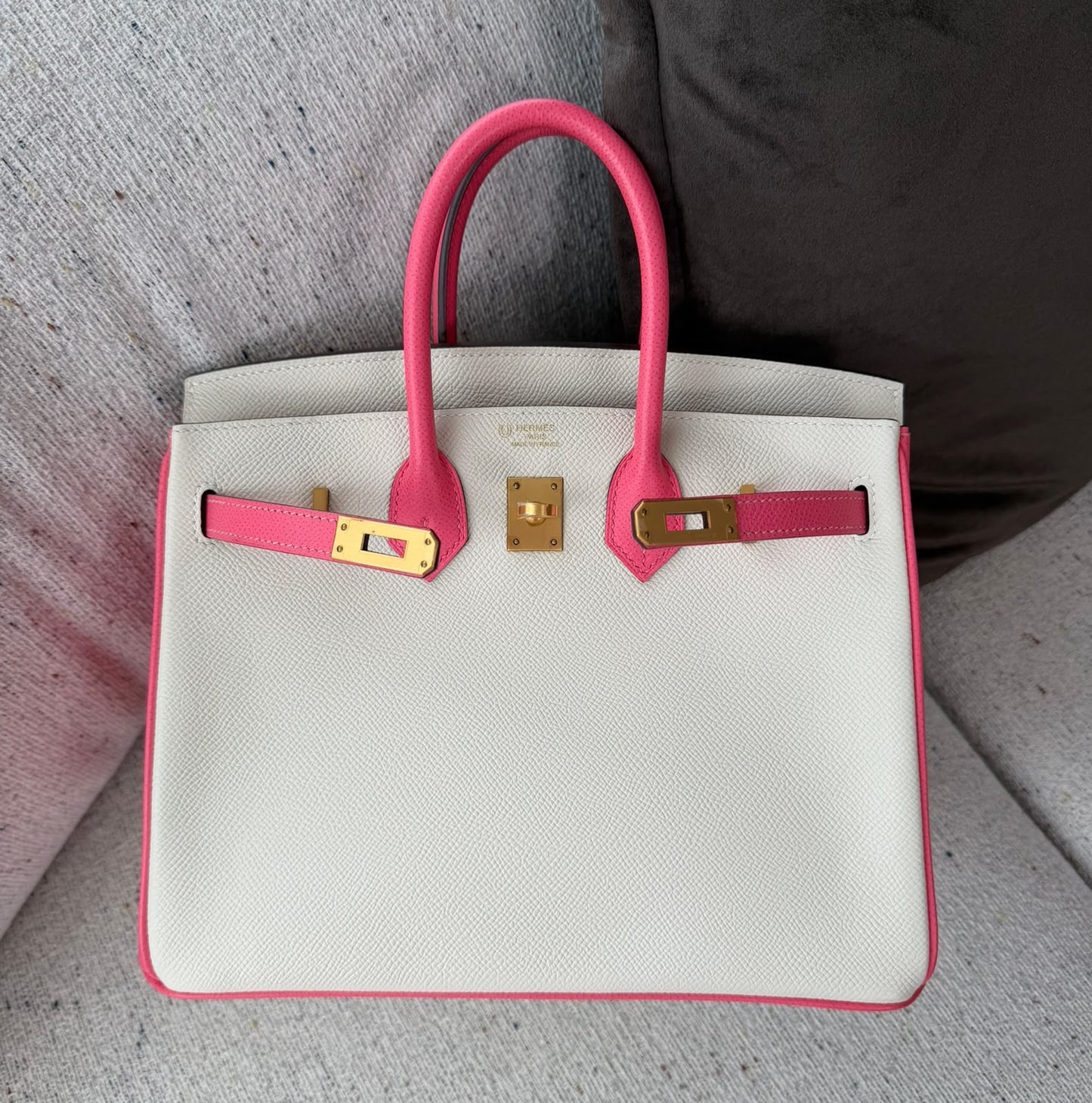 Hermes Birkin 25 Epsom retourne HSS craie x rose azalea brushed gold hardware
