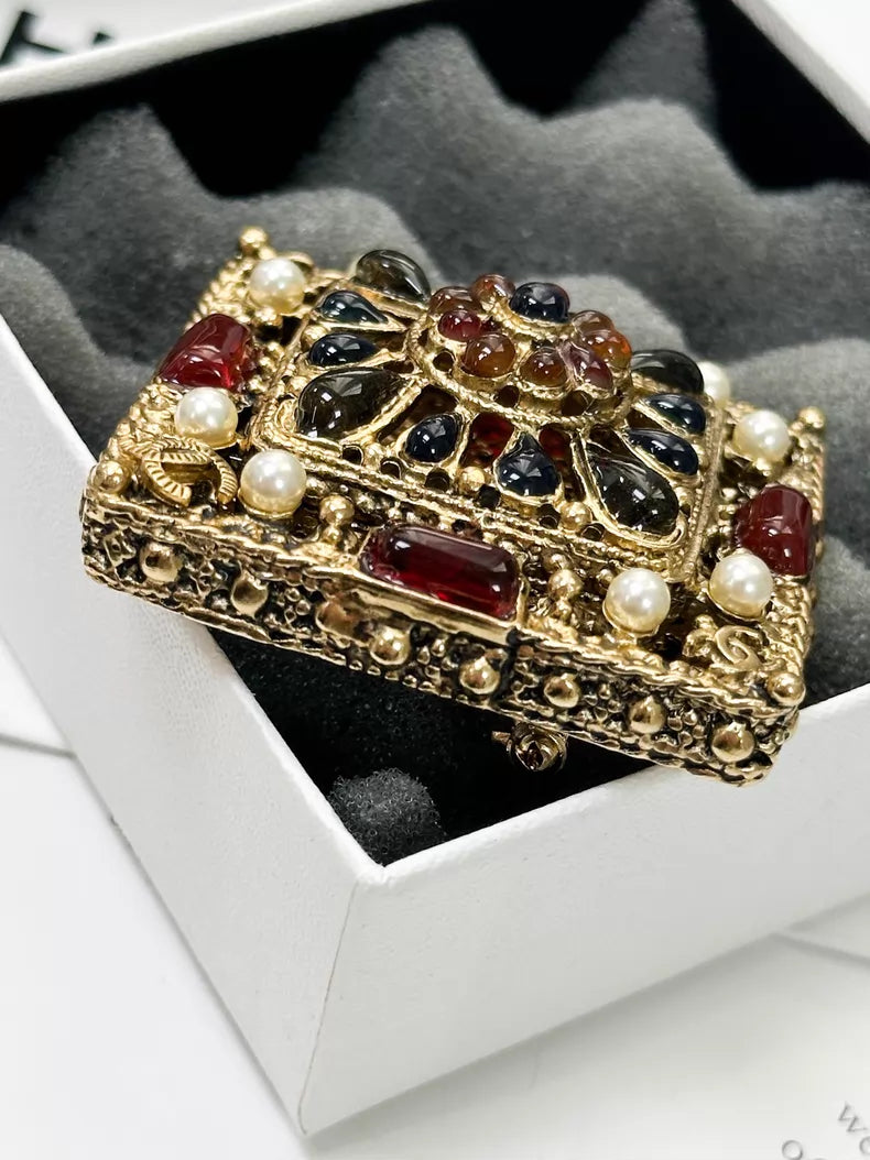 Chanel Byzantine gold square brooch with blue and red gemstones