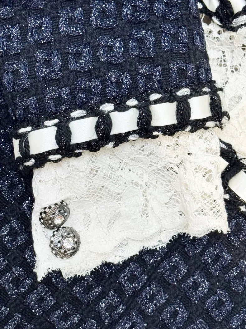 Chanel 16A black blue tweed white lace dress