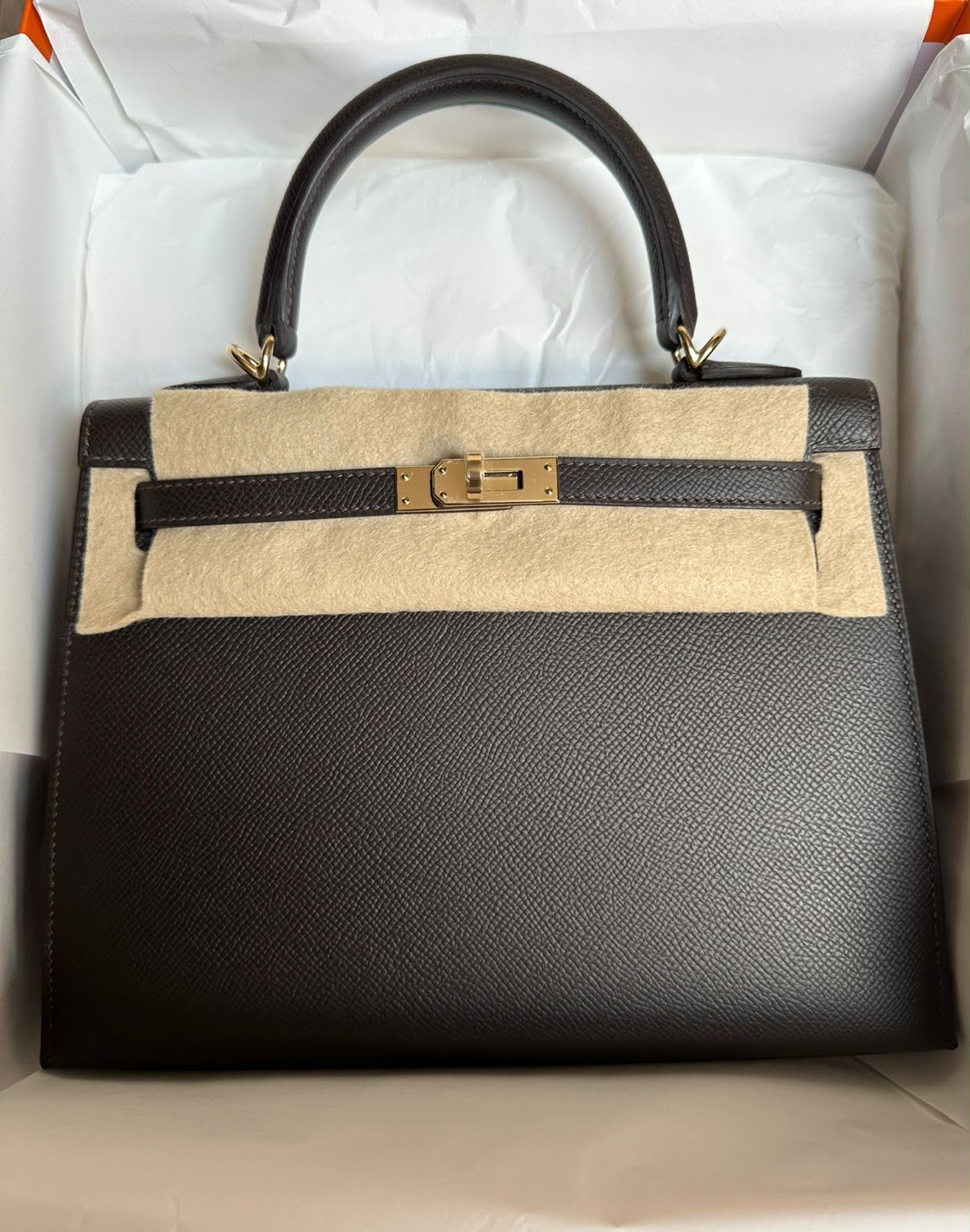 Hermes Kelly 25 Bai Brun Epsom Permabrass hardware