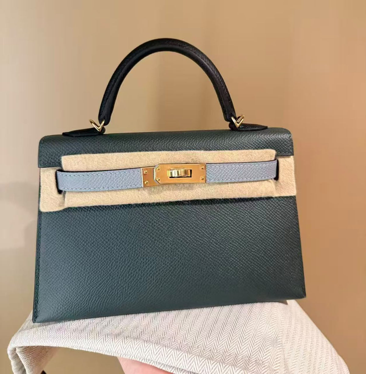 Hermes Mini Kelly 20 Tricolor Vert Mangrove / Gris Pantin / Black Epsom Palladium hardware