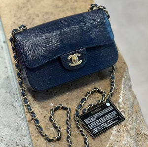 Chanel mini CF blue lizard gold hardware