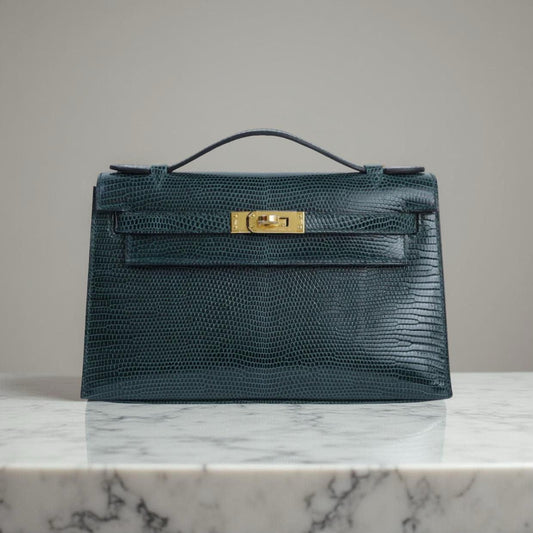 Hermes Kelly Pochette vert cypress lizard gold hardware