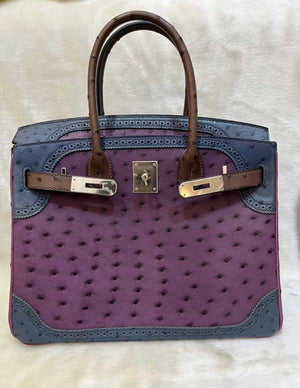 Hermes Birkin 30 Ghillies Violet/Bleu de Malte/Marron Ostrich palladium hardware