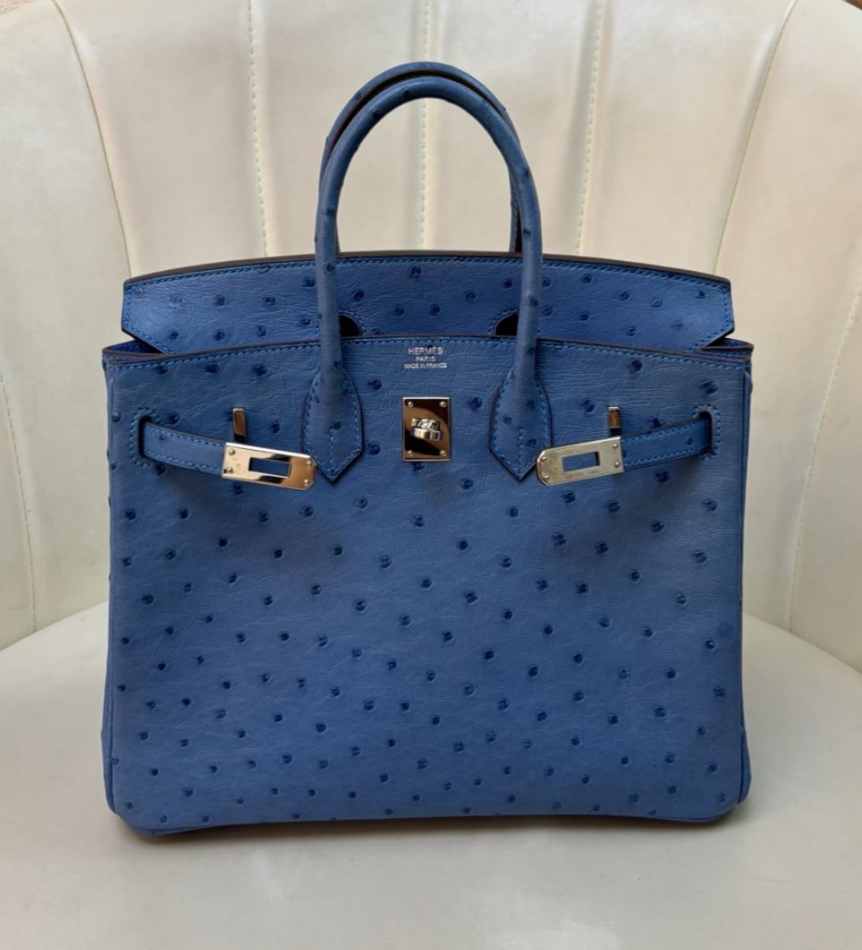Hermes Birkin 25 blue Mykonos ostrich palladium hardware