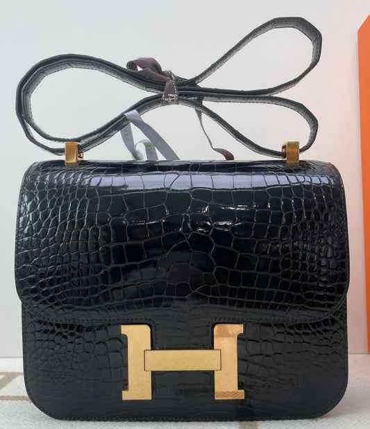 Hermes Constance 18 Black Shiny Alligator Rose gold hardware