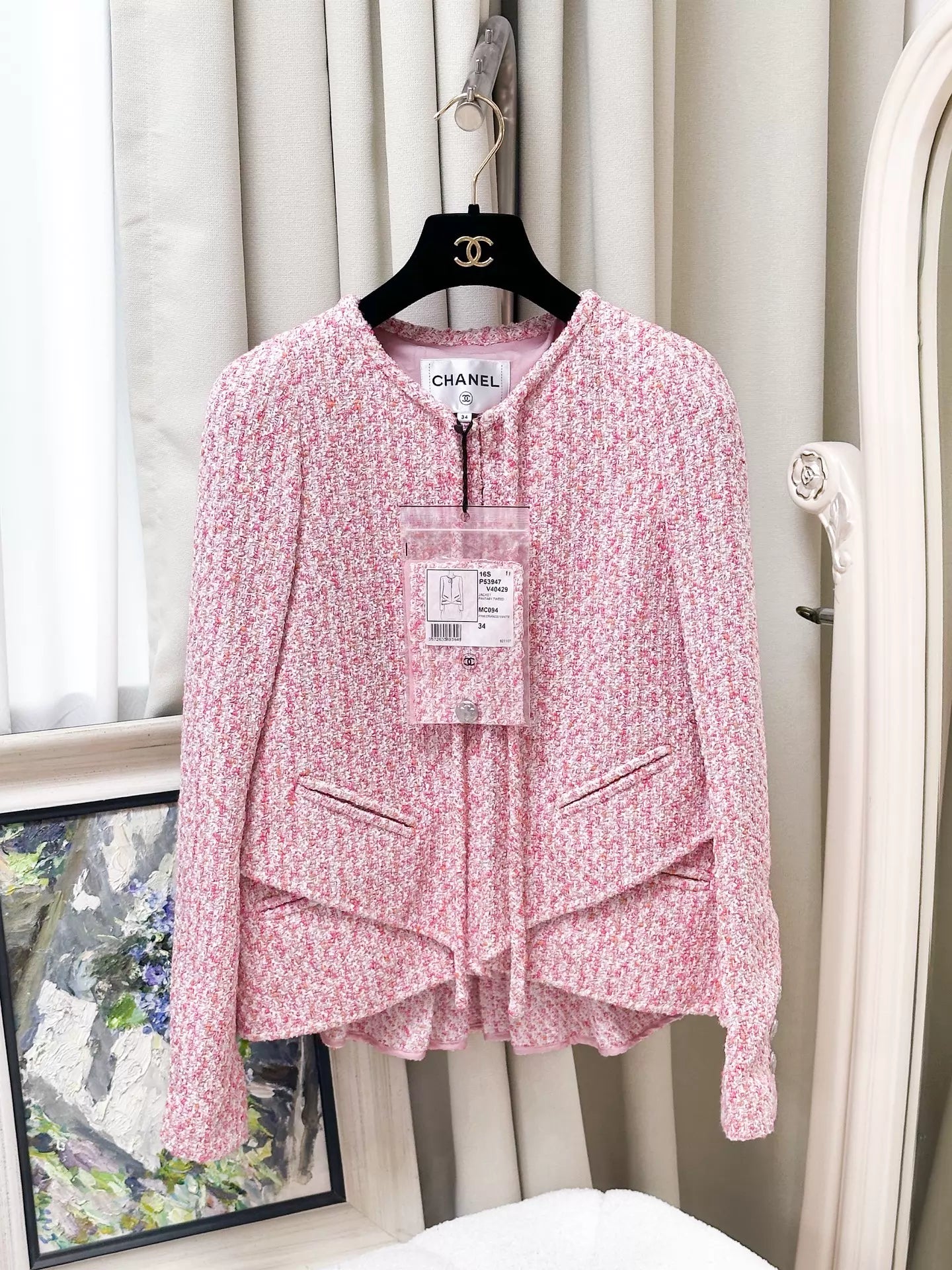Chanel 16s pink mixed-color jacket and skirt
